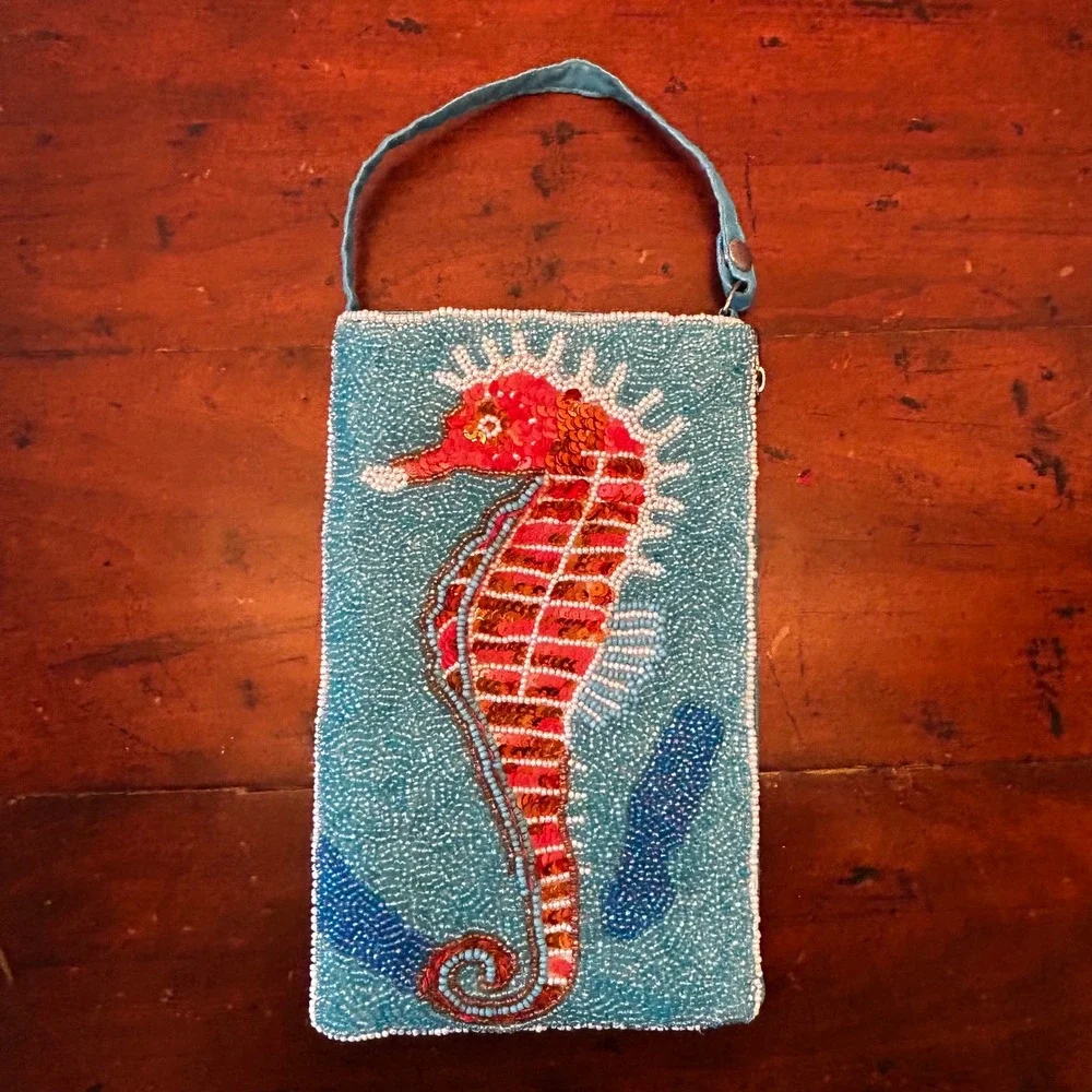 Bamboo Trading Co Seahorse Beaded Pouch Zipper w Shoulder Strap (not shown)